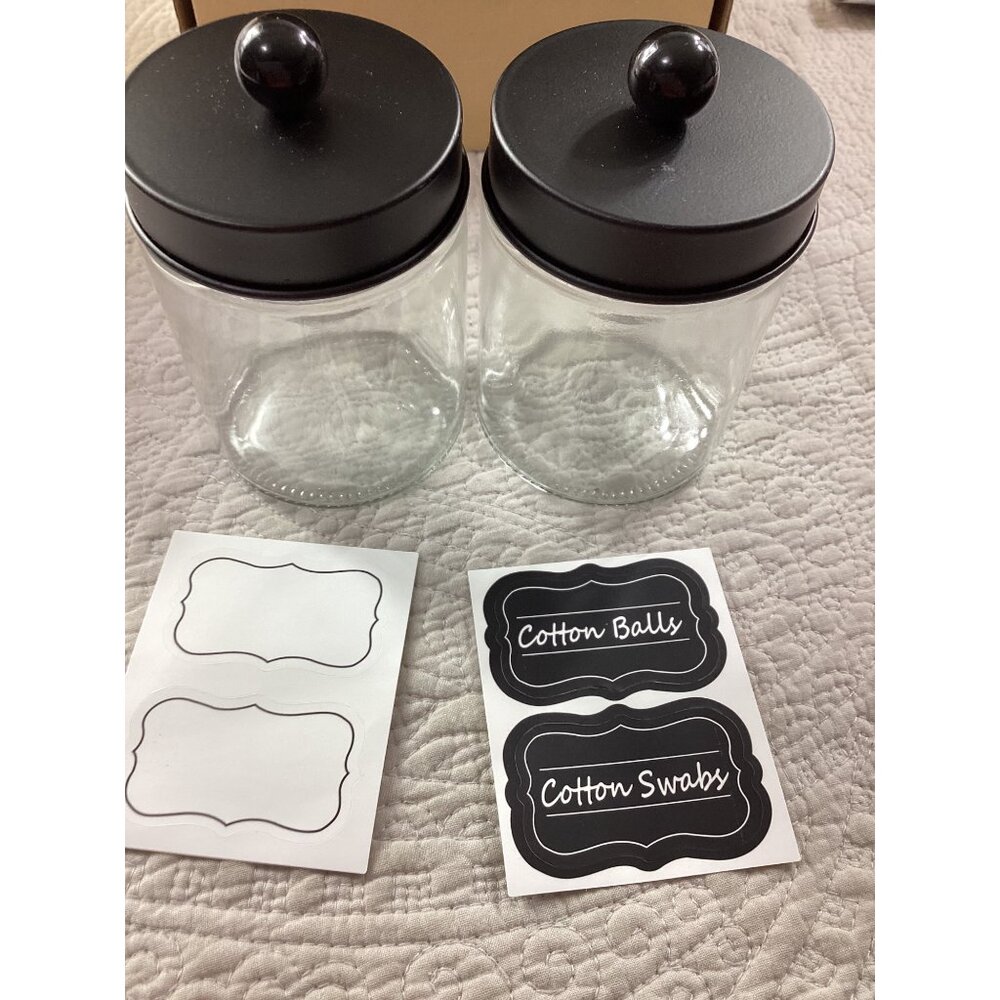 Amolliar Apothecary Glass Jar Set of 2* Lids*Labels For Cotton Balls & Swabs*NIB